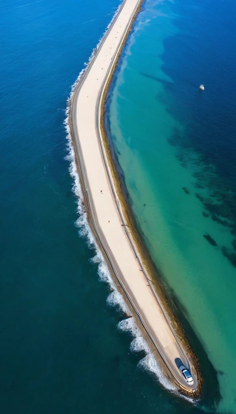 (masterpiece, top quality: 1.1), bird's eye view, asymmetry, blue sea, low tide, sea wave, sea route, coastal road, sandy beach, shell, pier, yacht, boat, ship wake, shipwreck, steamer, contrail, car, tourist, lighthouse, seagull , horizon, wind, summer, hat, morning, sunny, cloud, calm, fresh air, depth of field