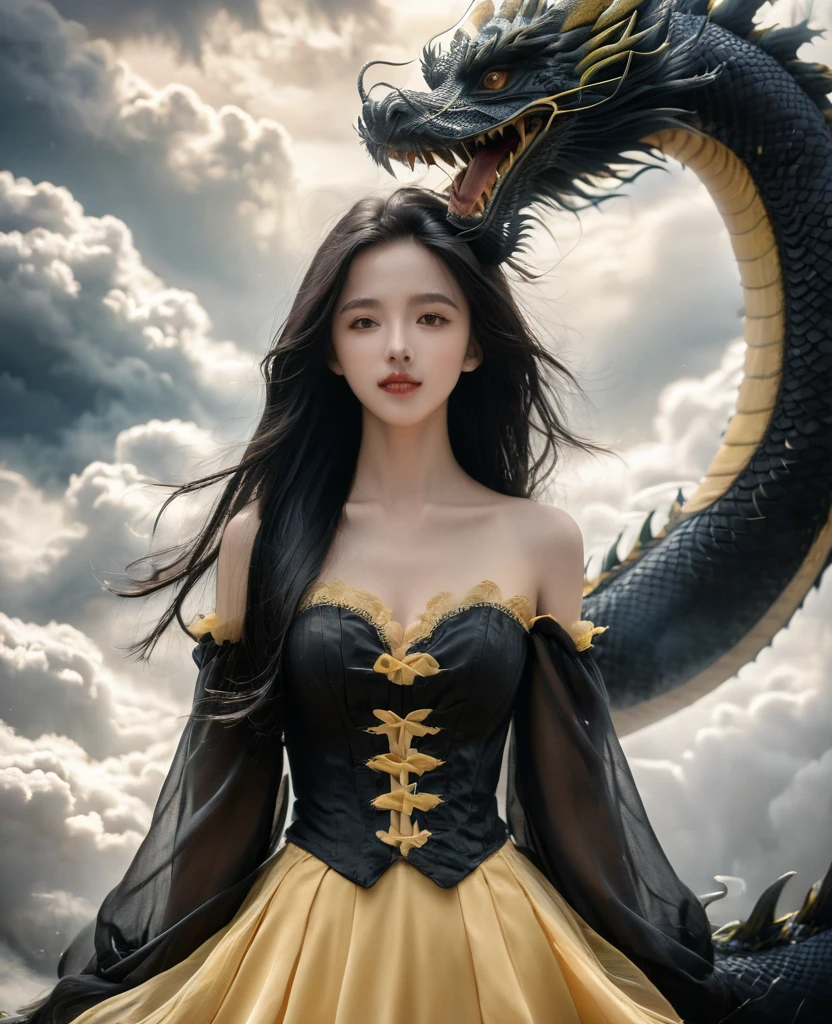 One girl, alone, whole body, Long Hair, chest, View your viewers, Black Hair, Yellow Skirt, Mouth closed, Are standing, cloud, lips, cloudy, null, corset, Black Dragon,Dragon CB,