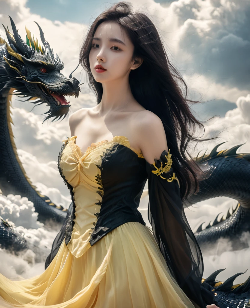 1girl, solo, full body, long hair, breasts, looking at viewer, black hair, yellow skirt, closed mouth, standing, cloud, lips, cloudy, sky, corset, black dragon,dragoncb,