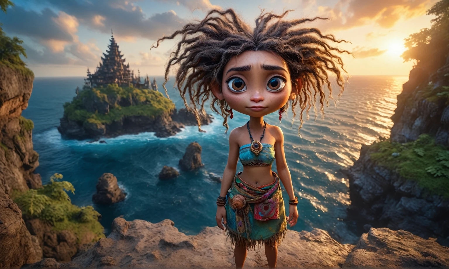 view from height,full body length shot,niobium The Alien Entity Moana, sassiness temper,natural marble skin textures, hyper realisitc, hyper detailed,Extremely detailed,High contrast, ,Realistic,Ultra Detailed,intricate details,realistic humid skin,extremely intricate,Epic Realistic, Romantic, cinematic style,irina yermolova, messy hair,luminous eyes,extremely detailed,sunset landscape,masterpiece,intricate details,faded,eyes extremely detailed, high detailed eyes,32k resolution, Nikon Z9,orc's village of fishers,National Forest Park,full body length,levitating islands on background in dangerous atmosphere,intricate details,realistic humid skin,extremely intricate details,anatomically correct,faded,eyes extremely detailed, high detailed eyes,UHD,Retina,HDR,natural skin textures, hyper realism, hyper detailed,High contrast,Realism,Ultra Detailed,irina yermolova,close full body shot, masterpiece,faded,32k resolution, Nikon Z9,sunset, a Tim Burton-inspired dreamscape,Bun Hair,(Folk clothes:1.5),Mestichino,Light particles
