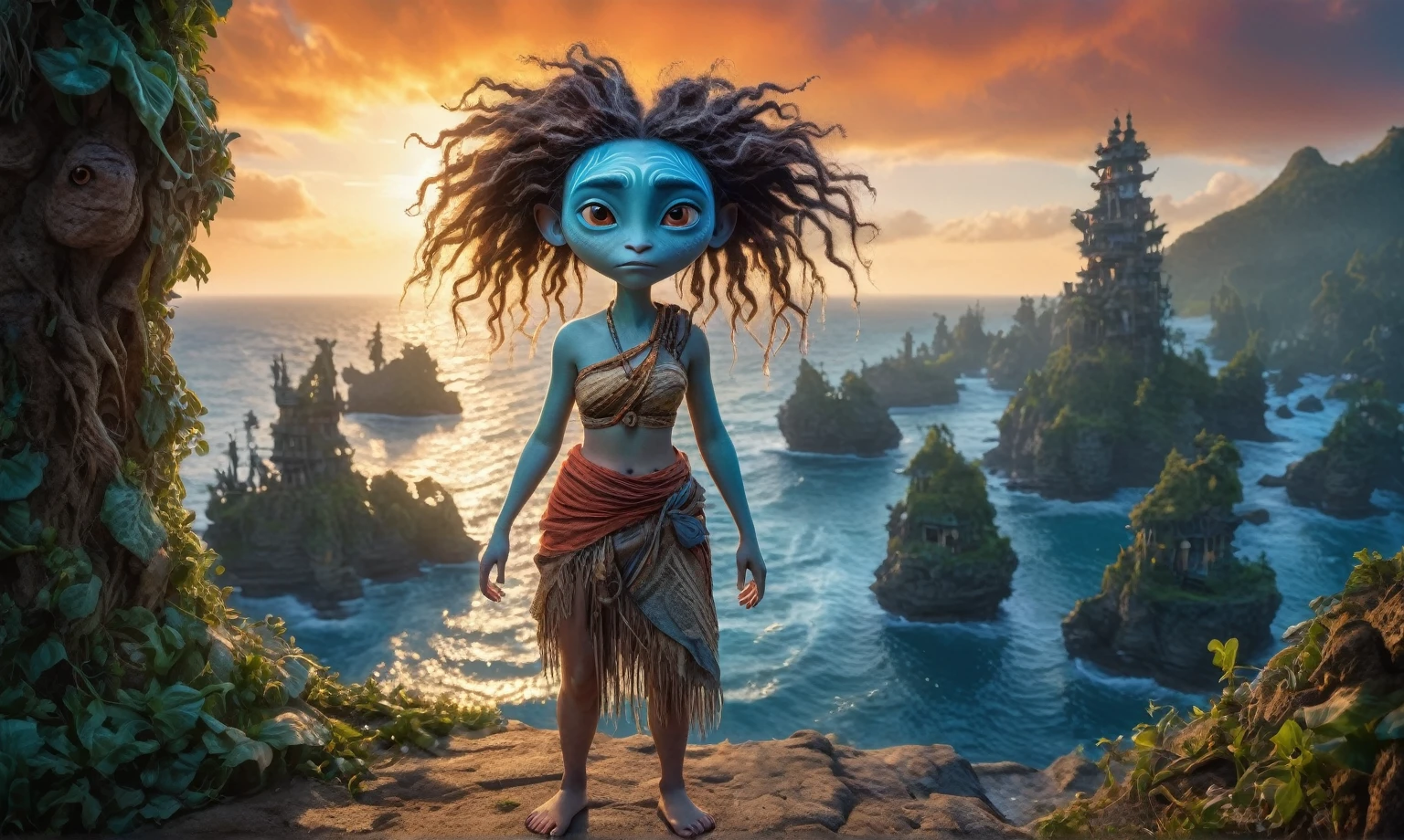 view from height,full body length shot,niobium The Alien Entity Moana, sassiness temper,natural marble skin textures, hyper realisitc, hyper detailed,Extremely detailed,High contrast, ,Realistic,Ultra Detailed,intricate details,realistic humid skin,extremely intricate,Epic Realistic, Romantic, cinematic style,irina yermolova, messy hair,luminous eyes,extremely detailed,sunset landscape,masterpiece,intricate details,faded,eyes extremely detailed, high detailed eyes,32k resolution, Nikon Z9,orc's village of fishers,National Forest Park,full body length,levitating islands on background in dangerous atmosphere,intricate details,realistic humid skin,extremely intricate details,anatomically correct,faded,eyes extremely detailed, high detailed eyes,UHD,Retina,HDR,natural skin textures, hyper realism, hyper detailed,High contrast,Realism,Ultra Detailed,irina yermolova,close full body shot, masterpiece,faded,32k resolution, Nikon Z9,sunset, a Tim Burton-inspired dreamscape,Bun Hair,(Folk clothes:1.5),Mestichino,Light particles