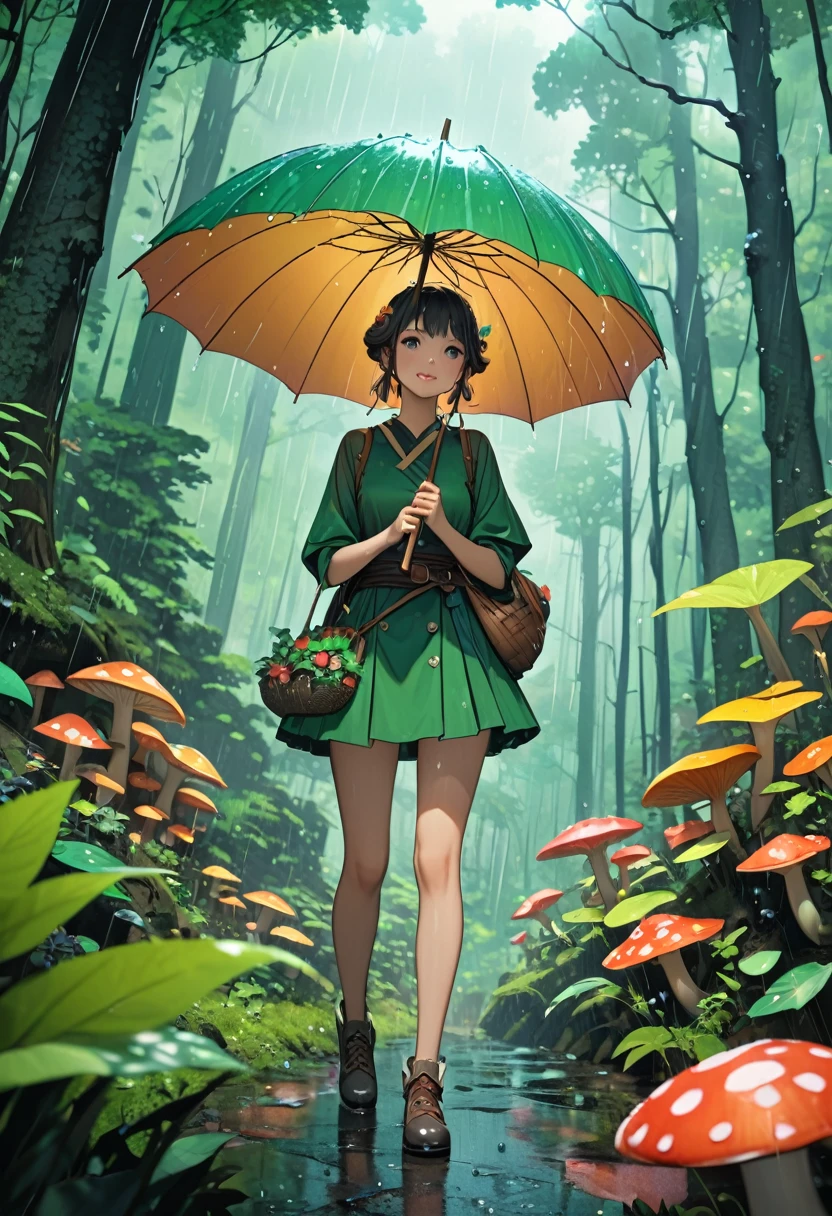 detailed, 8K, Movie angle, in the rain、A fairy woman holding a mushroom umbrella stands in the forest。.