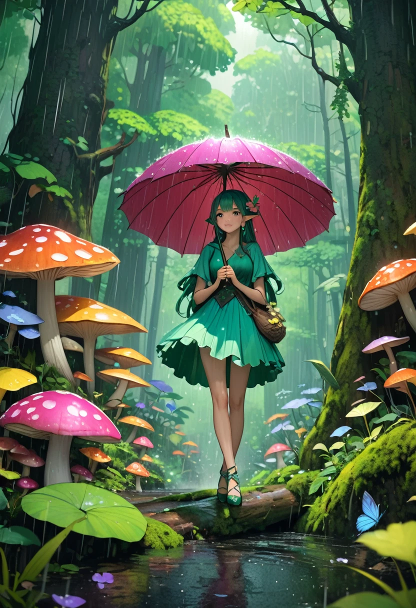 detailed, 8K, Movie angle, in the rain、A fairy woman holding a mushroom umbrella stands in the forest。. 