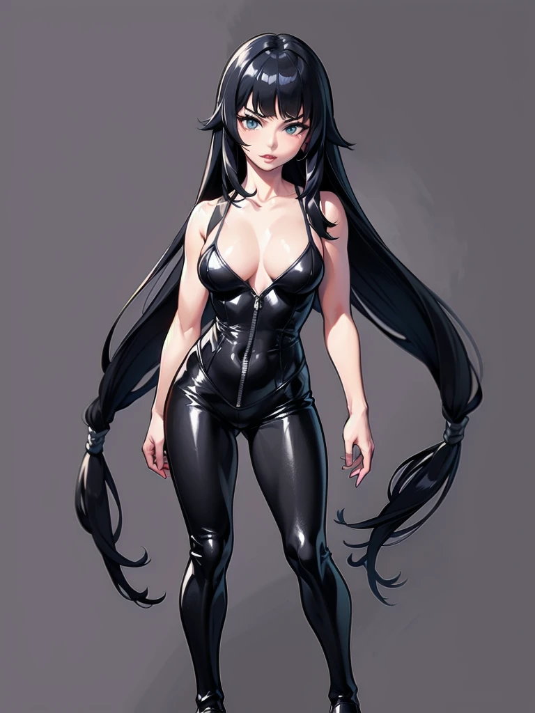 A beautiful detailed woman with long flowing black hair, piercing eyes, a sharp nose, and full lips, wearing a sleek black bodysuit, standing with a confident pose against a simple background, lineart,solo,fullbody,fitgirl,normal pose,standing,sfw