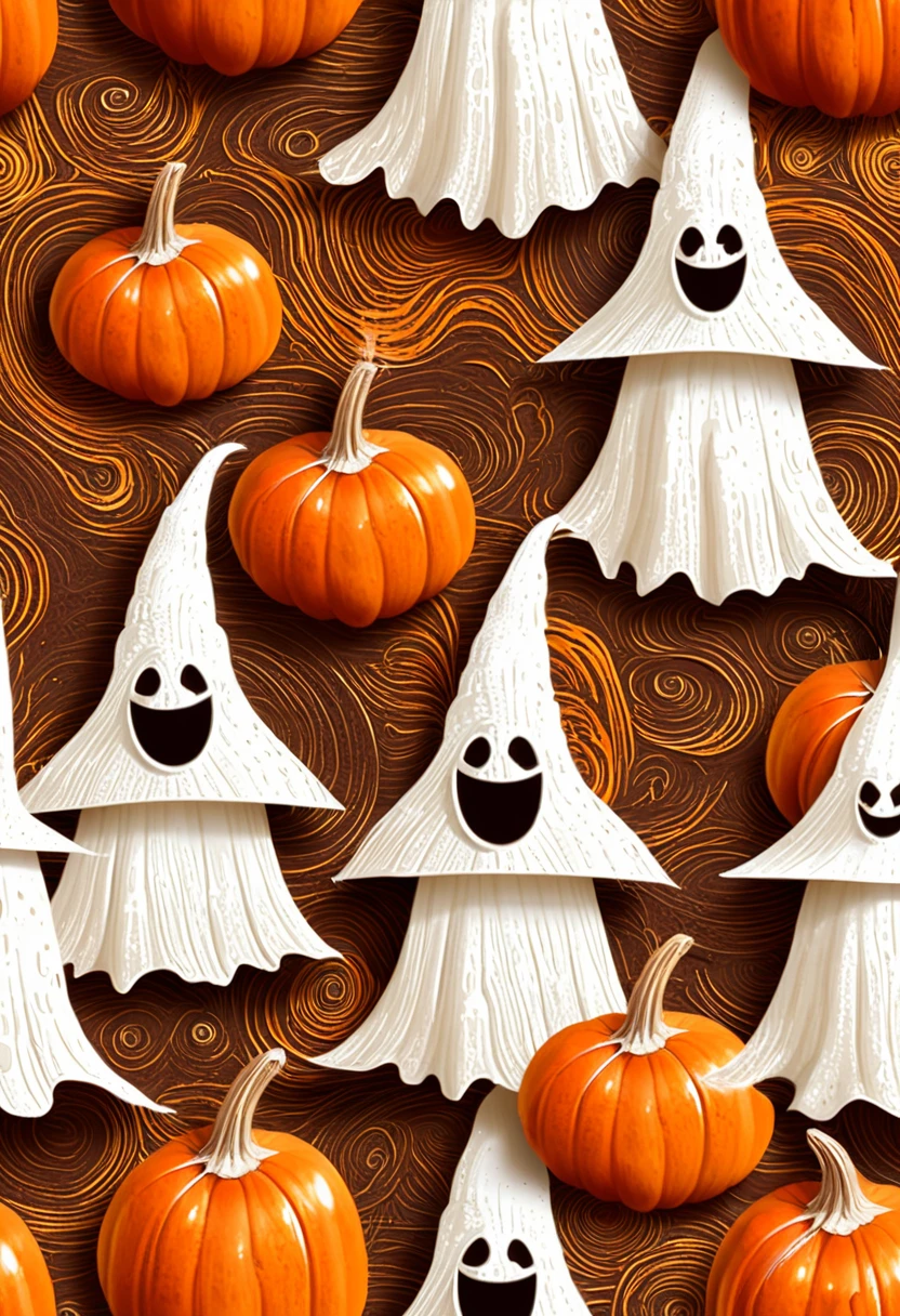 Three smiling ghostly figures with white hats and orange pumpkins. A textured, autumnal background with splashes of orange and brown. Warm tones of orange and brown, with a soft, earthy feel. Hand-drawn illustration.