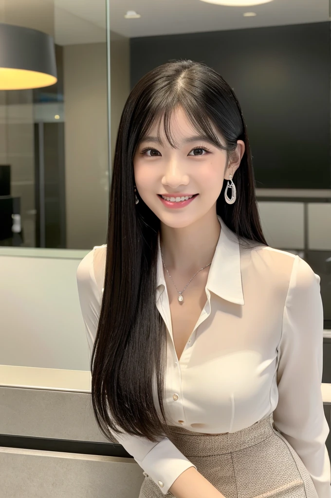 Receptionist at a client company, company receptionist, ((full body)), ((photo)), ((best qualtiy, 8K, tmasterpiece:1.3)), Focus:1.2, perfect figure beautiful girl:1.4, 1girl, cowboy shot, look at viewer, eyes facing the camera, incredibly absurd, beautiful and cute girl with a photorealistic face, showcasing top-quality craftsmanship, A Japanese girl sitting smiling as a receptionist at the reception desk, 19 years old, has long, shiny black hair, straight, with the ends curled slightly inwards, with see-through bangs cut above the eyes, fair and smooth skin, large, round almond-shaped eyes, jet black eyes, long eyelashes, double eyelids, high nose, plump lips, a smile with upturned corners of the mouth, sunken cheeks, a fragile impression, glamorous, well-balanced proportions, tall, 165cm tall, beautiful D-cup breasts, white blouse, beige tight skirt, heeled pumps, pearl necklace and earrings, silver watch, pretty older woman, beautiful, neat, has a cute voice, intelligent, elegant, calm, kind, her hobbies are reading and listening to classical music, February