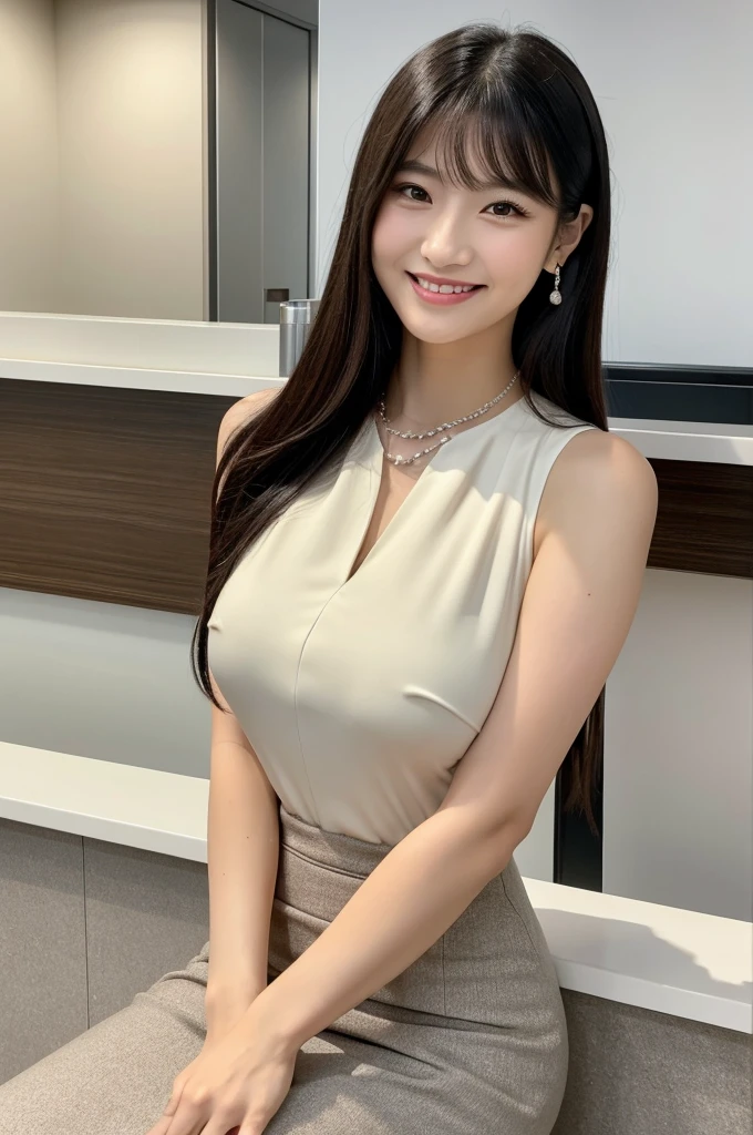Receptionist at a client company, company receptionist, ((full body)), ((photo)), ((best qualtiy, 8K, tmasterpiece:1.3)), Focus:1.2, perfect figure beautiful girl:1.4, 1girl, cowboy shot, look at viewer, eyes facing the camera, incredibly absurd, beautiful and cute girl with a photorealistic face, showcasing top-quality craftsmanship, A Japanese girl sitting smiling as a receptionist at the reception desk, 19 years old, has long, shiny black hair, straight, with the ends curled slightly inwards, with see-through bangs cut above the eyes, fair and smooth skin, large, round almond-shaped eyes, jet black eyes, long eyelashes, double eyelids, high nose, plump lips, a smile with upturned corners of the mouth, sunken cheeks, a fragile impression, glamorous, well-balanced proportions, tall, 165cm tall, beautiful D-cup breasts, white blouse, beige tight skirt, heeled pumps, pearl necklace and earrings, silver watch, pretty older woman, beautiful, neat, has a cute voice, intelligent, elegant, calm, kind, her hobbies are reading and listening to classical music, February