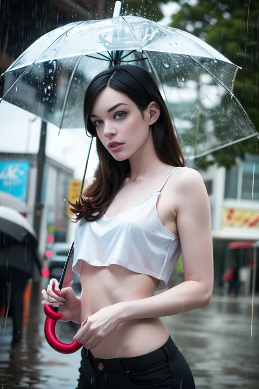 ((Stoya holding an umbrella handle:1.1))、(raining:1.4)、in the city、Close and distant views、(Highest quality、4K、8K、High resolution、masterpiece:1.2)、Super detailed、(Real、Photorealistic、Photorealistic:1.37)、Detailed、Beautiful sky、gloomy、Calm atmosphere、cloudy、Detailed midriff、sexy、Quiet landscape、erotic、