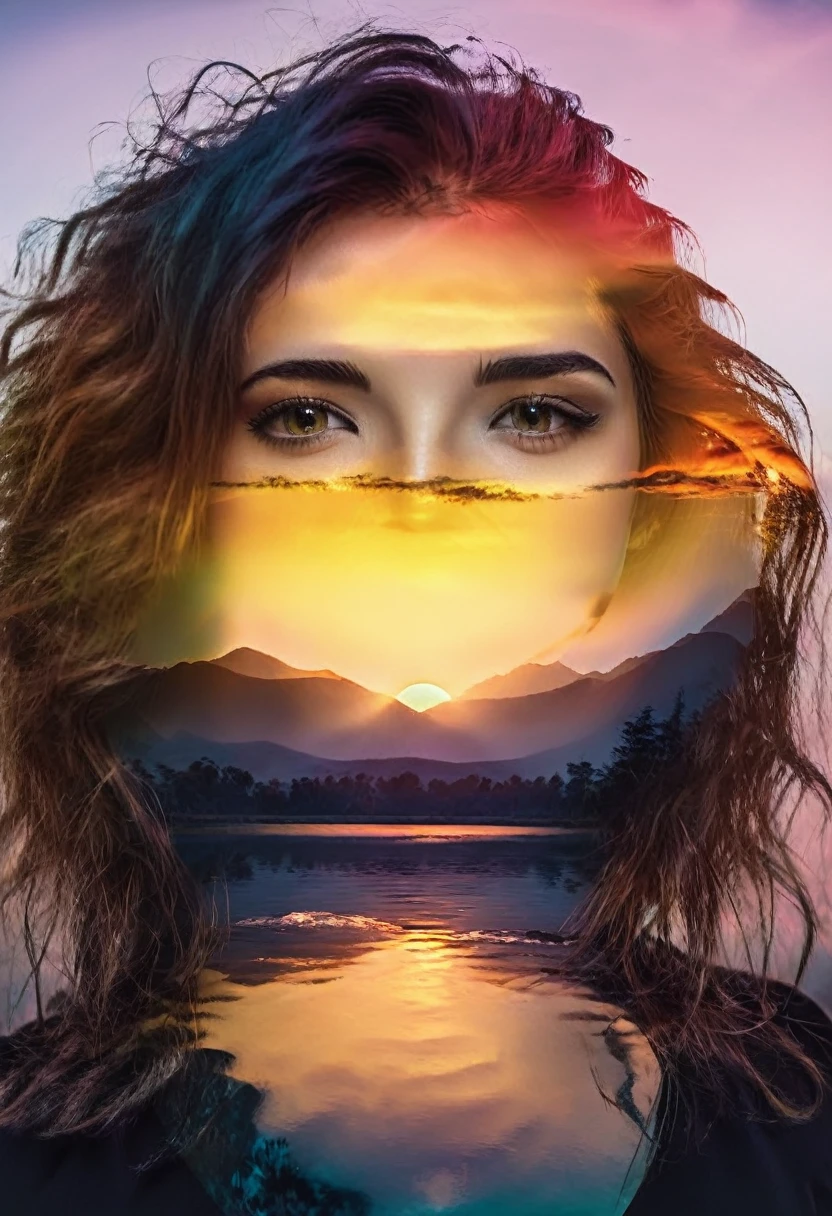 Double Exposure style of a beautiful young woman's face superimposed over a vibrant sunrise landscape, dramatic lighting, cinematic color palette, serene and ethereal atmosphere, 4k, ultra-detailed, photorealistic, award winning digital art