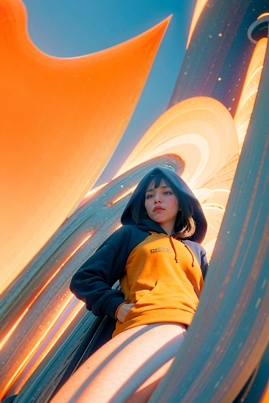 ((long shot photography)) ((best quality)), ((masterpiece)), (detailed),upper body,close-up, 8k, RAW photo,1 girl,real polaroid photo, beautiful, ultra-realistic,detail face ,light leak,dark intens shadow ,(black pixie hairstyles), almond eye, no makeup, (((blank orange oversized_hoodie))), (purple color tenis skirt),the scene takes in front on Lincoln Road Miami, (very detailed:1.1),(from below:1.2), (realistic:1.1), (surreal:1.2),palm trees,sunny,summer, blue sky