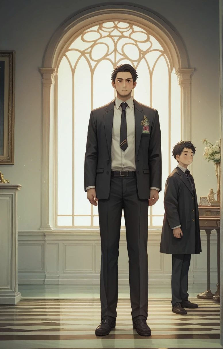 (best picture quality, masterpiece, anime), 1 man, age 40, mysterious, black suit, dandy, 4K, best picture quality