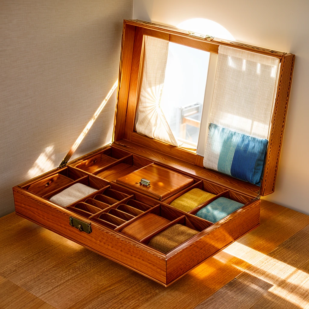 In this cozy room，A ray of sunlight shone through the half-drawn curtains on the table，Let the wood grain on the watch storage box shine with a faint luster。There was a calm and peaceful atmosphere in the air around them。There are several still lifes hanging on the walls of the room，It adds a touch of elegance to the space。And on the other side of the room，The half-open window lets in the breeze，The pages on the small desk by the window turned in the wind，This quiet scene gives a sense of tranquility and comfort。

