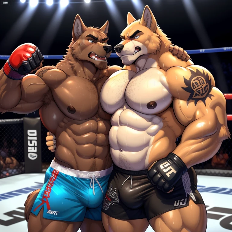 Duo male(Brown Wolf vs Brown Wolf, handsomes, Thick eyebrows), gay(cuddling embraced, gut punch, flexing abs, on a UFC match), hot(Shirtless), handsomes(They are handsomes, correct anatomy), musculosos(Big muscle bodies, Six packs, muscle abs, big pecs, muscle backs, muscle legs), sweaty(very sweaty wet bodies, shiny sweat), tatuajes(they have tattoos), Angry(Both have an grumpy expression, growling, steaming breath), UFC gloves(They both are wearing red UFC gloves), UFC boxers(They both are wearing boxers), Hight resolution, by(Zourik:1.1)