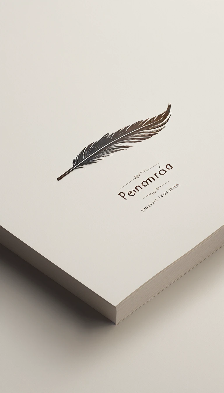 A minimal, modern, simple, cinematic logotype for the brand “Penamemoria". The logotype must be a simple, magical feather and a boy playing acoustic guitar. The logo must convey a sense of music, stories and dreams. Logo design impressed on a book cover. Minimalistic logo
