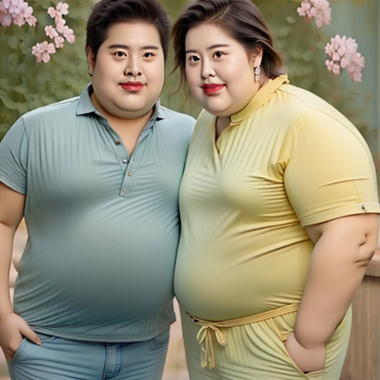 A friendly obese man and woman couple, belly and chest touching, Women are fatter than men, abdominal exposure, belly fat, photorealistic, 8K