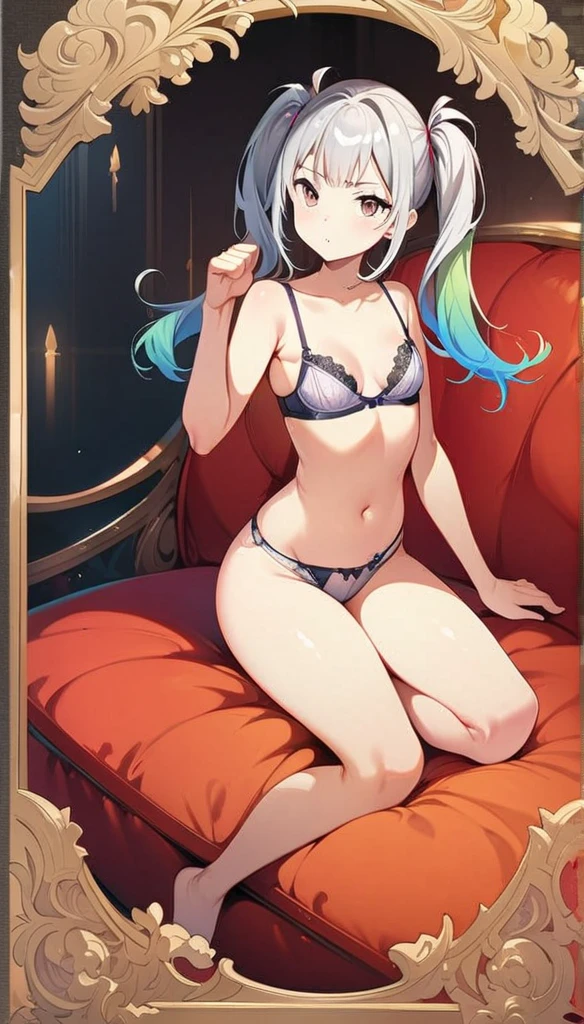 (masterpiece:1.8),(Highest quality:1.8),(Very detailed:1.8),(8k:1.8),(Ultra-fine Illustration:1.5),,,Straight low twintail,Flat Chest,Small Ass,(High-grade metallic silver,,lingerie:1.4),(Prayer Pose:1.5),Vintage sofa,,(Full body angle), Rainbow Gradient, Foundation, (bra:1.3), 