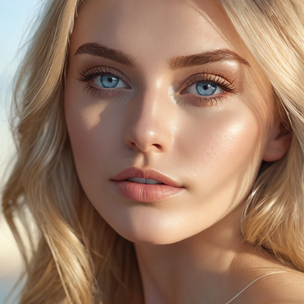 a beautiful blonde woman with clear blue eyes, caucasian skin, her face is gently reflected by the sun(1.2), she is a beautiful girl, photorealistic, 4k, detailed facial features, high quality, detailed skin, detailed hair, realistic lighting, natural lighting, window light, golden hour lighting, glowing skin, detailed blue eyes, detailed lips, detailed nose, detailed eyebrows, beautiful woman, elegant, serene expression, beautiful portrait, studio quality, high resolution