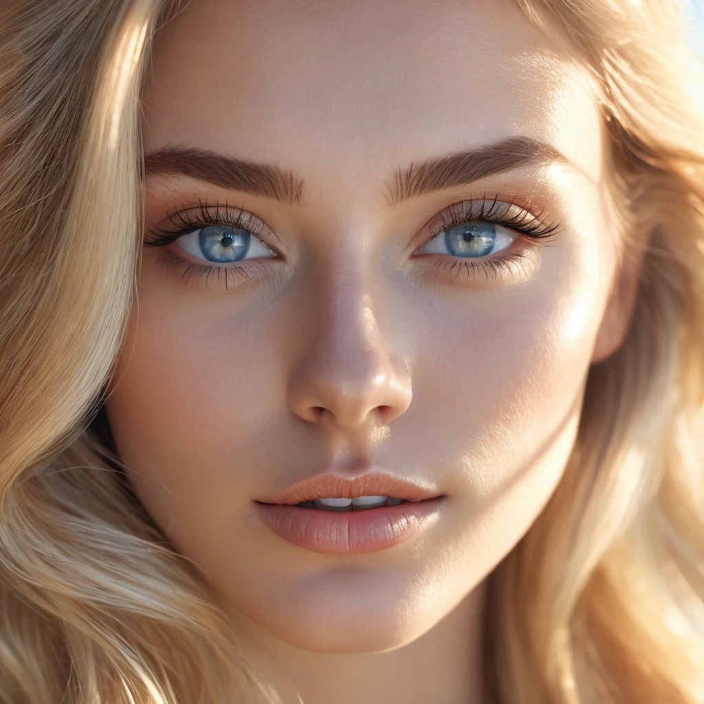 a beautiful blonde woman with clear blue eyes, caucasian skin, her face is gently reflected by the sun(1.2), she is a beautiful girl, photorealistic, 4k, detailed facial features, high quality, detailed skin, detailed hair, realistic lighting, natural lighting, window light, golden hour lighting, glowing skin, detailed blue eyes, detailed lips, detailed nose, detailed eyebrows, beautiful woman, elegant, serene expression, beautiful portrait, studio quality, high resolution