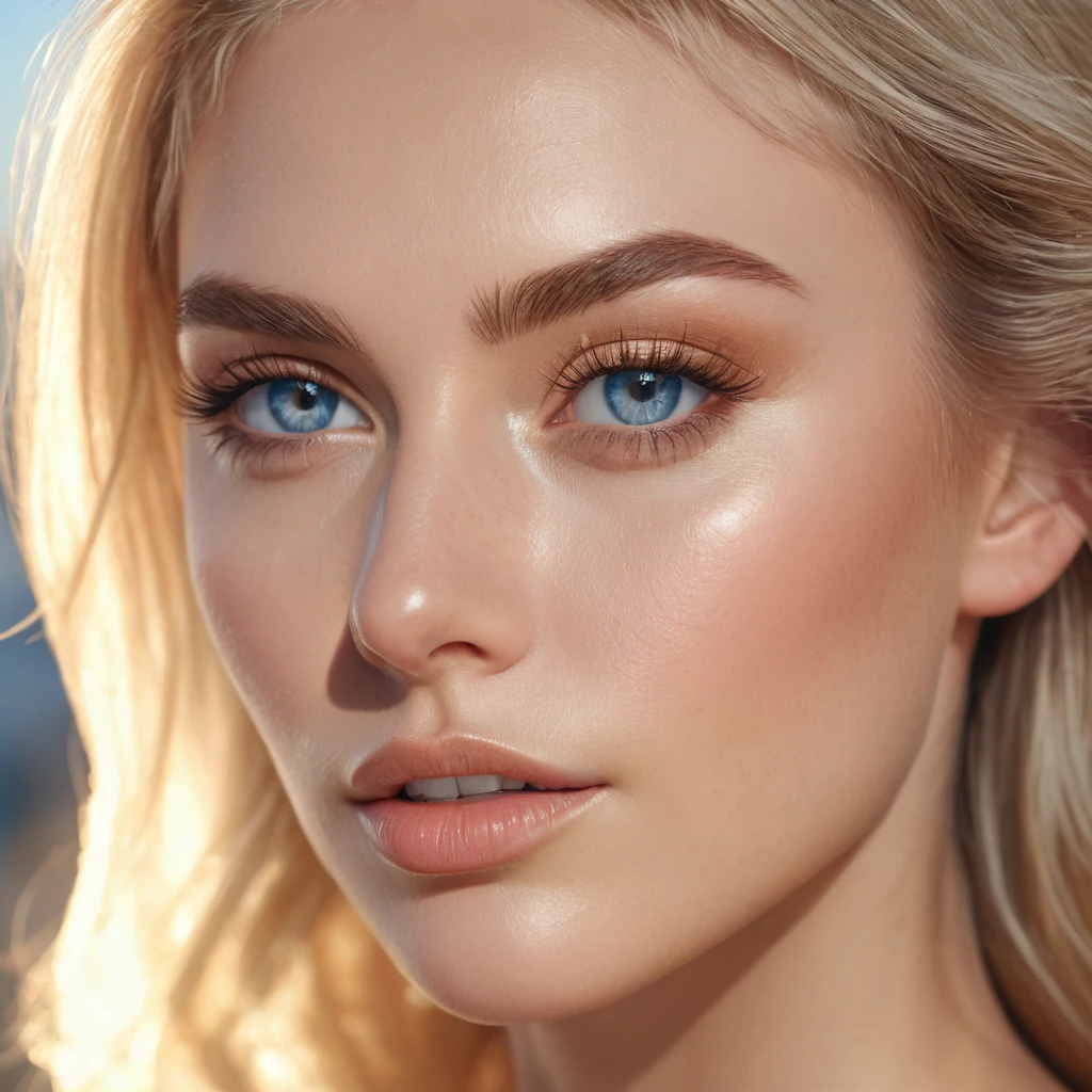 a beautiful blonde woman with clear blue eyes, caucasian skin, her face is gently reflected by the sun(1.2), she is a beautiful girl, photorealistic, 4k, detailed facial features, high quality, detailed skin, detailed hair, realistic lighting, natural lighting, window light, golden hour lighting, glowing skin, detailed blue eyes, detailed lips, detailed nose, detailed eyebrows, beautiful woman, elegant, serene expression, beautiful portrait, studio quality, high resolution