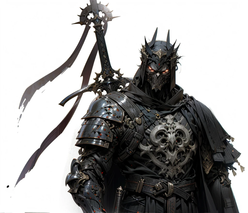 The image depicts a powerful and imposing berserker warrior, cloaked in a dark mantle that blends with the surrounding shadows. His muscular and robust body bears marks and scars from countless battles, indicating his resilience and combat experience.
The warrior's eyes shimmer with an intense red glow, emitting a sinister and menacing aura. His facial expression is determined and unyielding, conveying a sense of power and fearlessness.
He wields a formidable weapon, such as a broadsword or a two-handed axe, adorned with intricate and dark designs. The blade of the weapon is as black as the night and seems infused with shadowy powers, emanating an eerie and malevolent energy.
The warrior is positioned in a somber and atmospheric setting, perhaps a macabre landscape with twisted trees and dense fog. The faint light that penetrates through the shadows enhances his powerful figure and creates a dramatic contrast.
The visual quality of the image is highly detailed, with meticulous attention to the armor, weapon, and facial features of the berserker warrior. Every texture and shadow is rendered masterfully, creating an atmosphere reminiscent of the dark and challenging characters from the Dark Souls series.
This image captures the essence of a powerful berserker warrior with shadow powers, evoking the sensation of an epic journey in an unforgiving world filled with dangers.