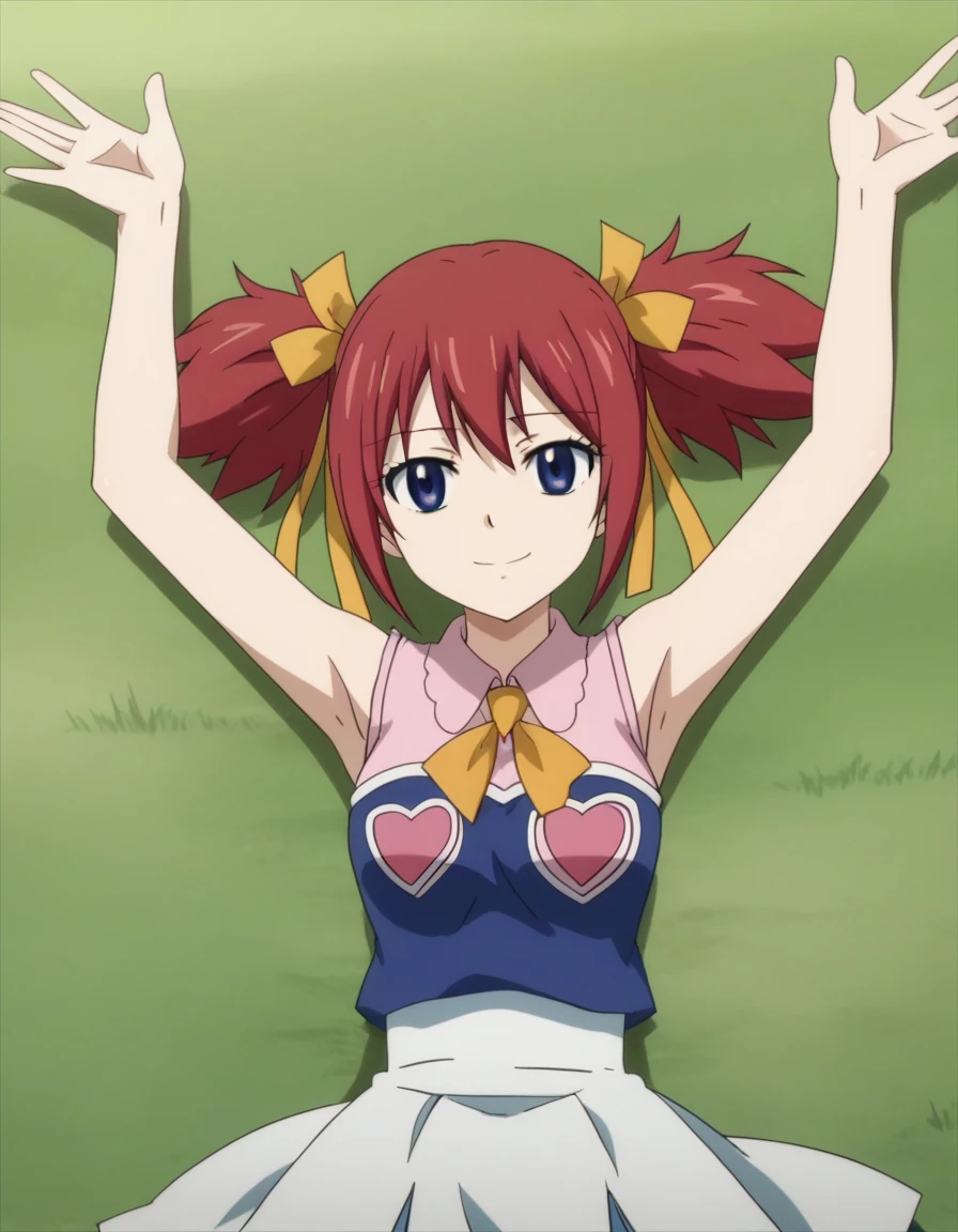 chelia_blendy, source_anime, rating_safe, intricate details, anime screencap, anime coloring, 1girl, solo, red hair, blue eyes, ribbon, hair ribbon, twintails, short twintails, looking at viewer, high quality, solo, lying, on back, arms up, spread arms, closed mouth, on grass, center, (cowboy shot:1.5), looking at viewer, suggestive smile, best quality