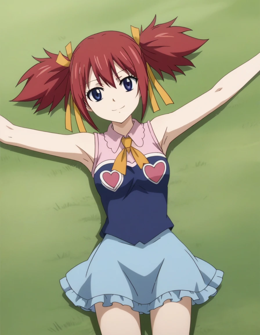chelia_blendy, source_anime, rating_safe, intricate details, anime screencap, anime coloring, 1girl, solo, red hair, blue eyes, ribbon, hair ribbon, twintails, short twintails, looking at viewer, high quality, solo, lying, on back, arms up, spread arms, closed mouth, on grass, center, (cowboy shot:1.5), looking at viewer, suggestive smile, best quality