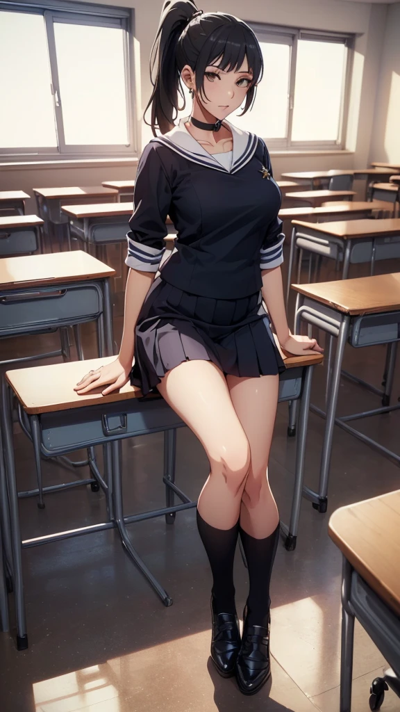 (((Highest quality, High resolution, , Pixel Perfect, 4K))),((Correct Anatomy))、((Sailor suit))、(((School classroom))), ((Highest quality)), ((intricate and detailed)), ((Black knee-high socks)), ((Mini Pleated Skirt))、irrational solution, Mature Woman, Mature Woman, perspective, Very detailed,(((Full Body Shot)))、Great style、(Long Hair)、glamorous、Sailor suit、mini skirt、black tights、(((The whole body is visible))), One Woman, ((ponytail)), Perfect hands, Detailed fingers, Beautiful details,  Black Choker, Earrings, Black Stockings, Perfect Eyes, Captivating eyes