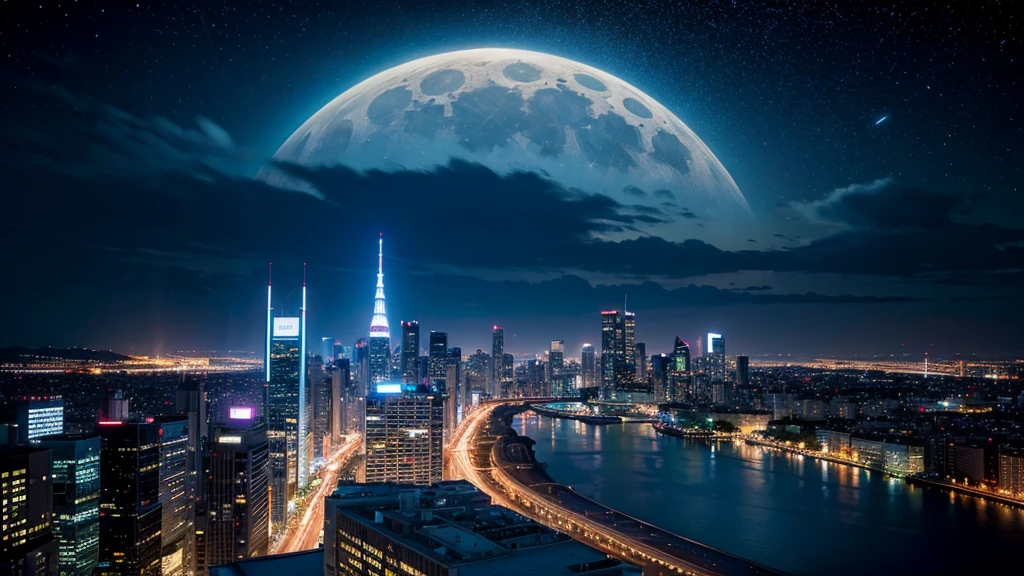 Wonderful landscape、Highest quality、Cityscape、Including sky、Starry Sky、night、Big Moon、Moonlit cityscape、building、There are no people,　Makoto Shinkai&#39;s art style, 8