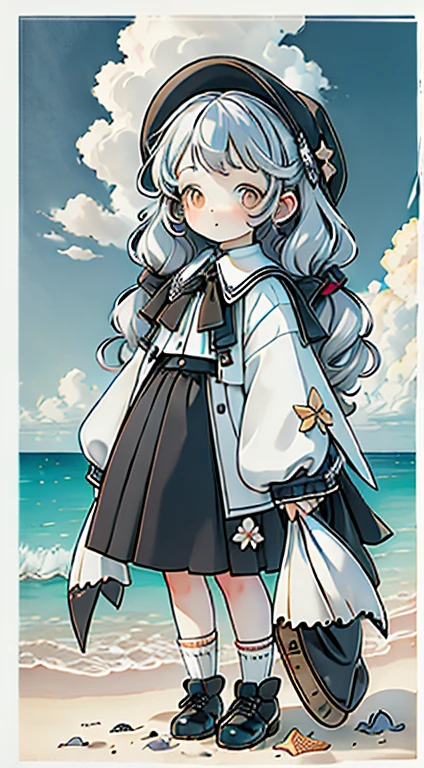 ((masterpiece)), ((Highest quality)), ((High resolution)), ((Highly detailed CG Unity 8k wallpaper)), alone, Tachibana Sonata, Brown uniform, Black Skirt, White socks, Outdoor, face, curtained hair, Beach, Parted hair, Silver Hair