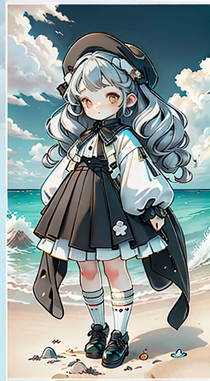 ((masterpiece)), ((Highest quality)), ((High resolution)), ((Highly detailed CG Unity 8k wallpaper)), alone, Tachibana Sonata, Brown uniform, Black Skirt, White socks, Outdoor, face, curtained hair, Beach, Parted hair, Silver Hair