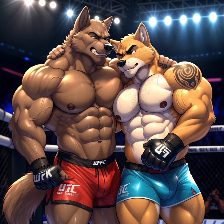 Duo male(Brown Wolf vs Brown Wolf, handsomes, Thick eyebrows), gay(cuddling embraced, gut punch, flexing abs, on a UFC match), fight scene:1.0, hot(Shirtless), handsomes(They are handsomes, correct anatomy), musculosos(Big muscle bodies, Six packs, muscle abs, big pecs, muscle backs, muscle legs), sweaty(very sweaty wet bodies, shiny sweat), tatuajes(they have tattoos), Angry(Both have an grumpy expression, growling, steaming breath), UFC gloves(They both are wearing red UFC gloves), UFC boxers(They both are wearing boxers), Hight resolution, by(Zourik:1.1)