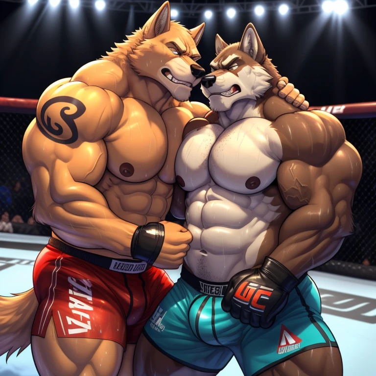 Duo male(Brown Wolf vs Brown Wolf, handsomes, Thick eyebrows), gay(cuddling embraced, gut punch, flexing abs, on a UFC match), fight scene:1.0, hot(Shirtless), handsomes(They are handsomes, correct anatomy), musculosos(Big muscle bodies, Six packs, muscle abs, big pecs, muscle backs, muscle legs), sweaty(very sweaty wet bodies, shiny sweat), tatuajes(they have tattoos), Angry(Both have an grumpy expression, growling, steaming breath), UFC gloves(They both are wearing red UFC gloves), UFC boxers(They both are wearing boxers), Hight resolution, by(Zourik:1.1)