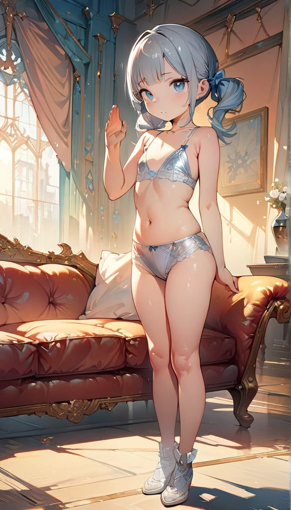 (masterpiece:1.8),(Highest quality:1.8),(Very detailed:1.8),(8K:1.8),(Ultra-fine Illustration:1.5),,,Straight low twintail,Flat Chest,Small ,(High-grade metallic silver,,lingerie:1.4),(Prayer Pose:1.5),Vintage sofa,,(Full body angle), Gauze fabric underwear
