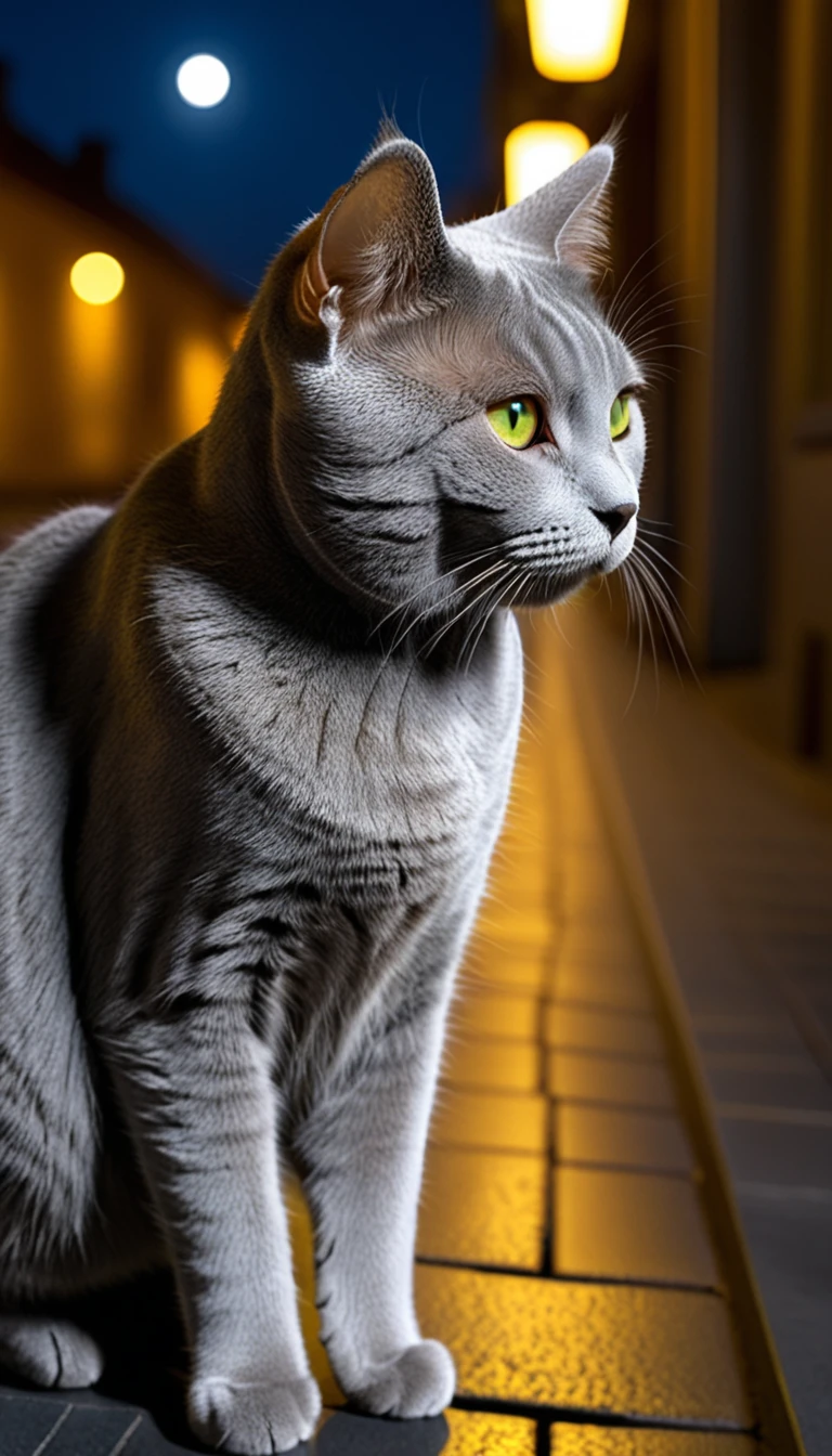There is no one, realistic photo, photo realism, realism, Chartreux (Chartreux) cat, perfect composition, intricate details, Very sharp, masterpiece, profile, high resolution, looking at the viewer, full body photo in city night view