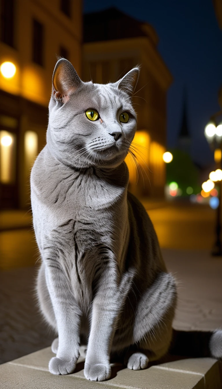 There is no one, realistic photo, photo realism, realism, Chartreux (Chartreux) cat, perfect composition, intricate details, Very sharp, masterpiece, profile, high resolution, looking at the viewer, full body photo in city night view