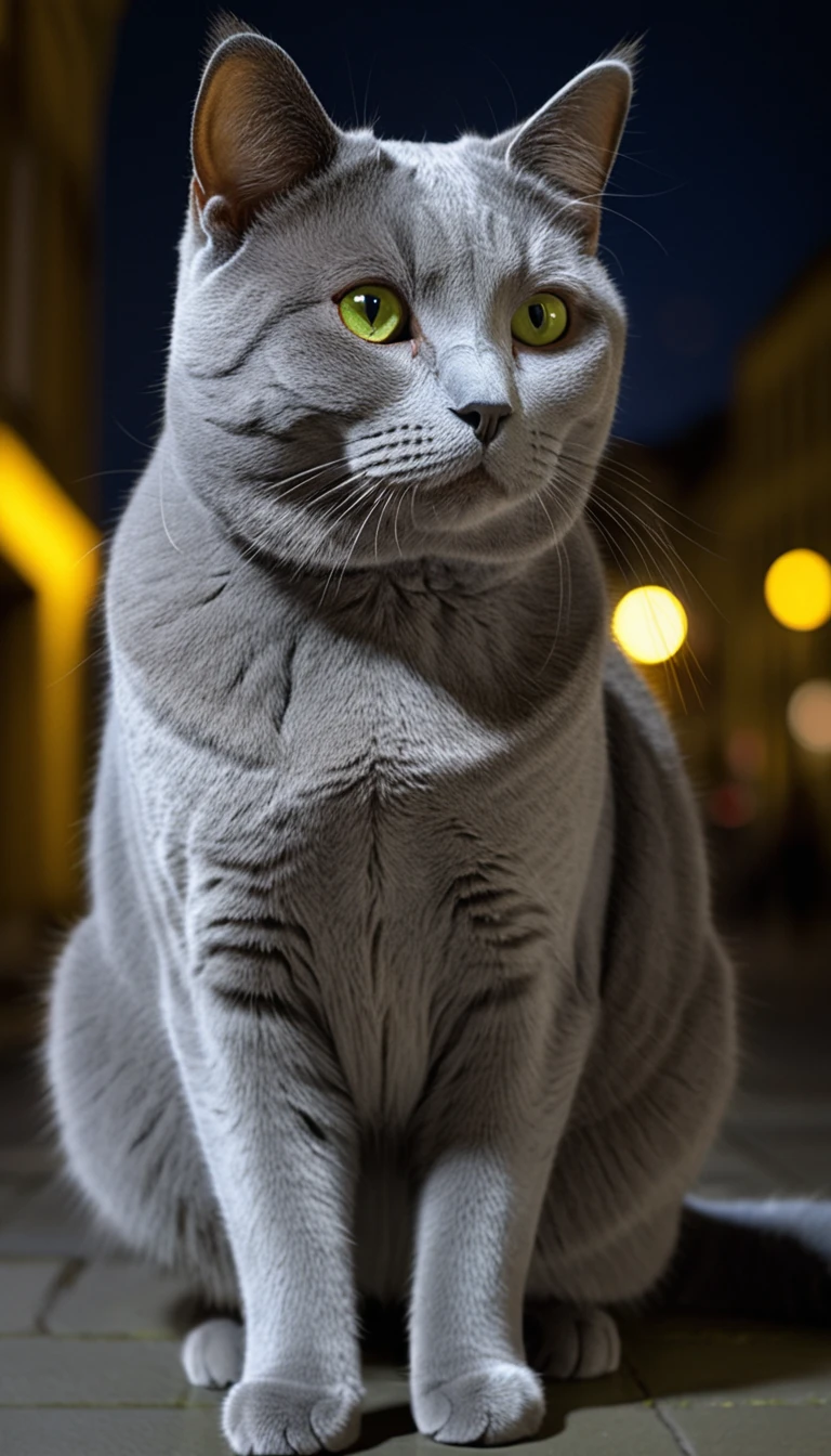 There is no one, realistic photo, photo realism, realism,  Chartreux (Chartreux) cat, perfect composition, intricate details, Very sharp, masterpiece, profile, high resolution, looking at the viewer, full body photo in city night view