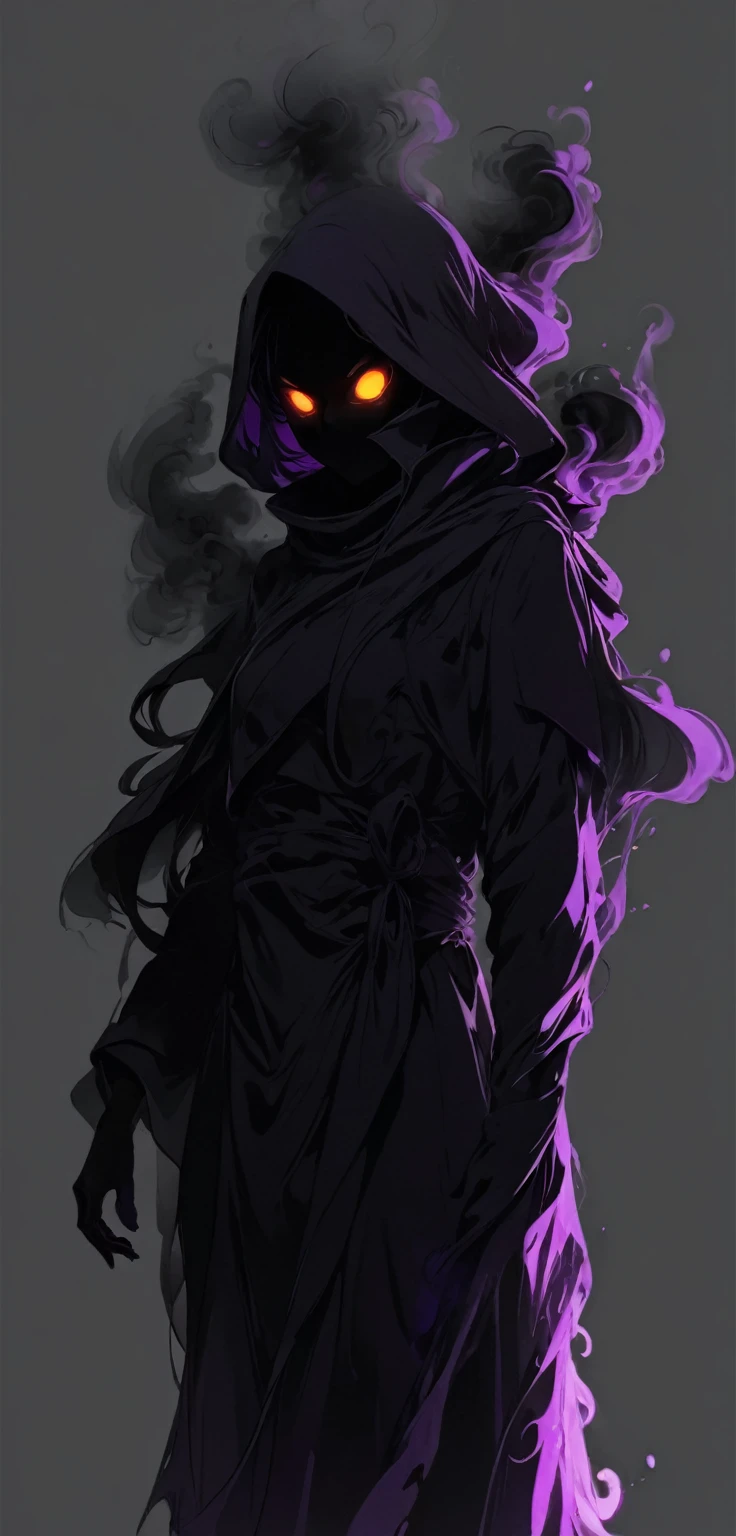 beautiful illustration, ultra-detailed, masterpiece, anime style, character, black ghost, a lot of smoke, violet outline, scary, glowing eyes, abstract character, ghost, made of smoke, abstract black silhouette