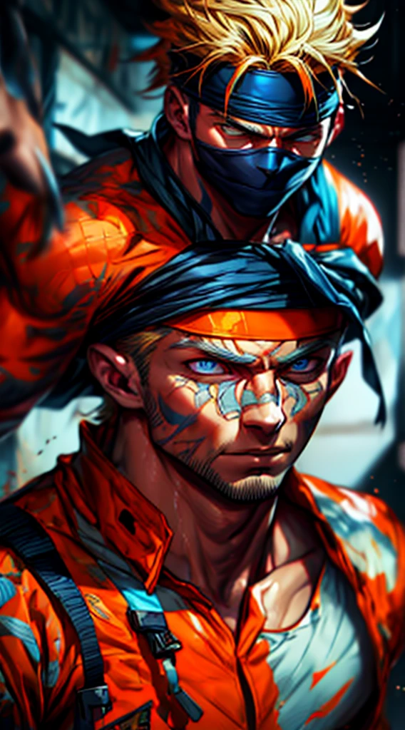 a detailed portrait of a young ninja boy, 1boy, wearing a vibrant orange jumpsuit, spiky blond hair, intense blue eyes, determined expression, ninja headband, dynamic pose, dramatic lighting, intricate details, cinematic composition, hyperrealistic, award winning digital art, vibrant colors, volumetric lighting, highly detailed