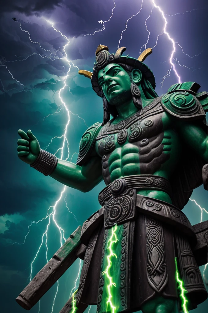 (close-up of the tlaloc god with his arms raised holding a bunch of cannabis) (lightning and thunder background) (seconds shot rain and clouds)(purple and green colors)(caricature style)
