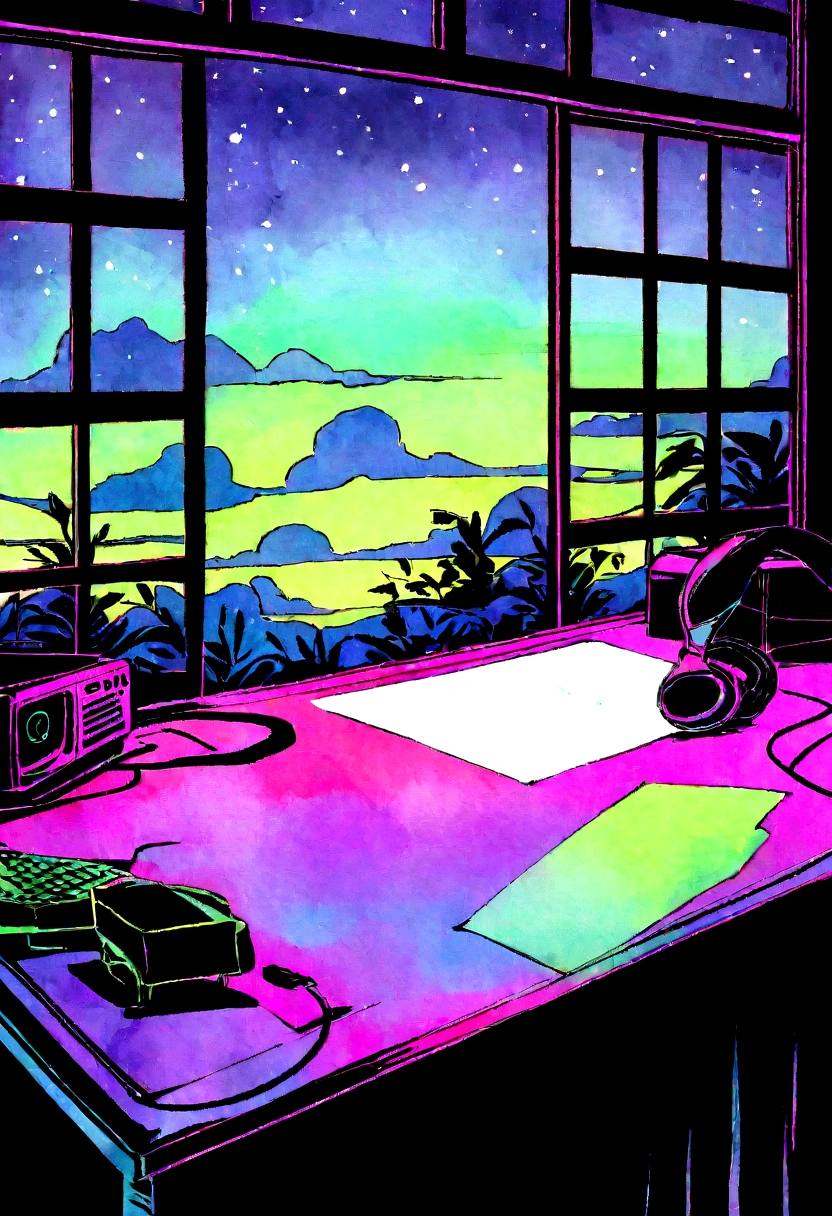 (commend), 一只在书On the table认真学习的熊仔, Put on your headphones, Night Light, Rainy day neon landscape outside the window,Analog color theme, Lo-fi hip-hop , flat, 2.5D ,Line Drawing, Ink Painting, Large gradients, Watercolor, Gush color, Colorful, Outcome, Synthwave, commend art,90s style,Old Texture, amplitude,90s atmosphere, On the table, huge skills