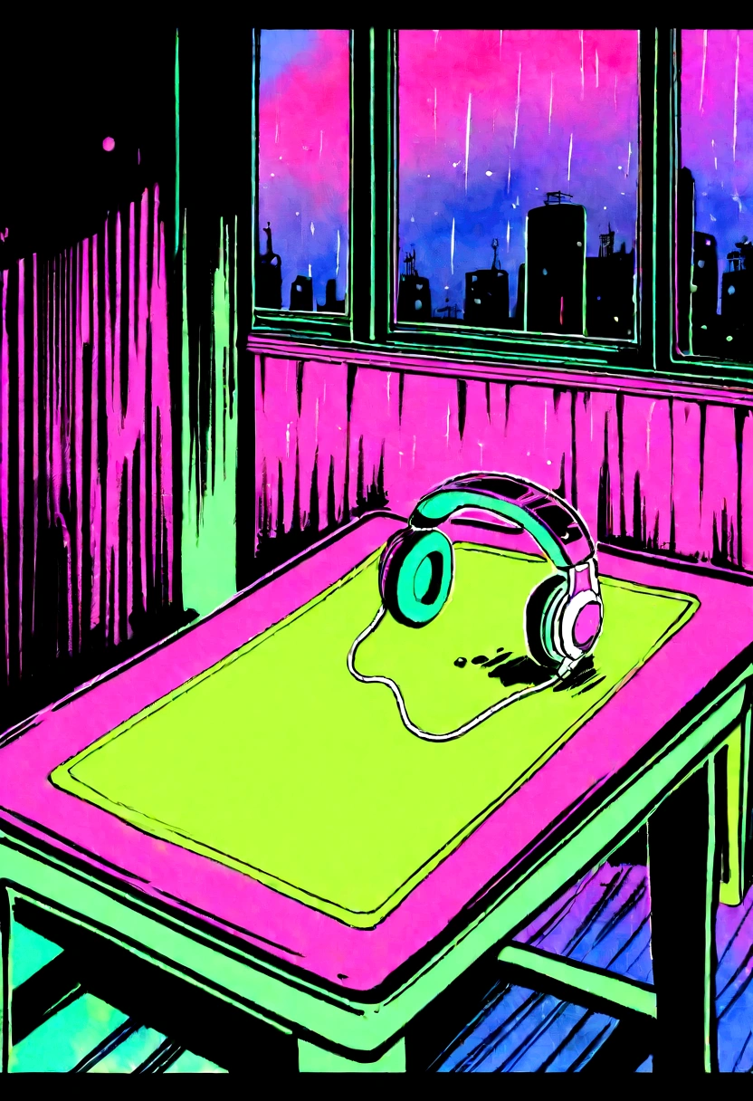 (commend), 一只在书On the table认真学习的熊仔, Put on your headphones, Night Light, Rainy day neon landscape outside the window,Analog color theme, Lo-fi hip-hop , flat, 2.5D ,Line Drawing, Ink Painting, Large gradients, Watercolor, Gush color, Colorful, Outcome, Synthwave, commend art,90s style,Old Texture, amplitude,90s atmosphere, On the table, huge skills