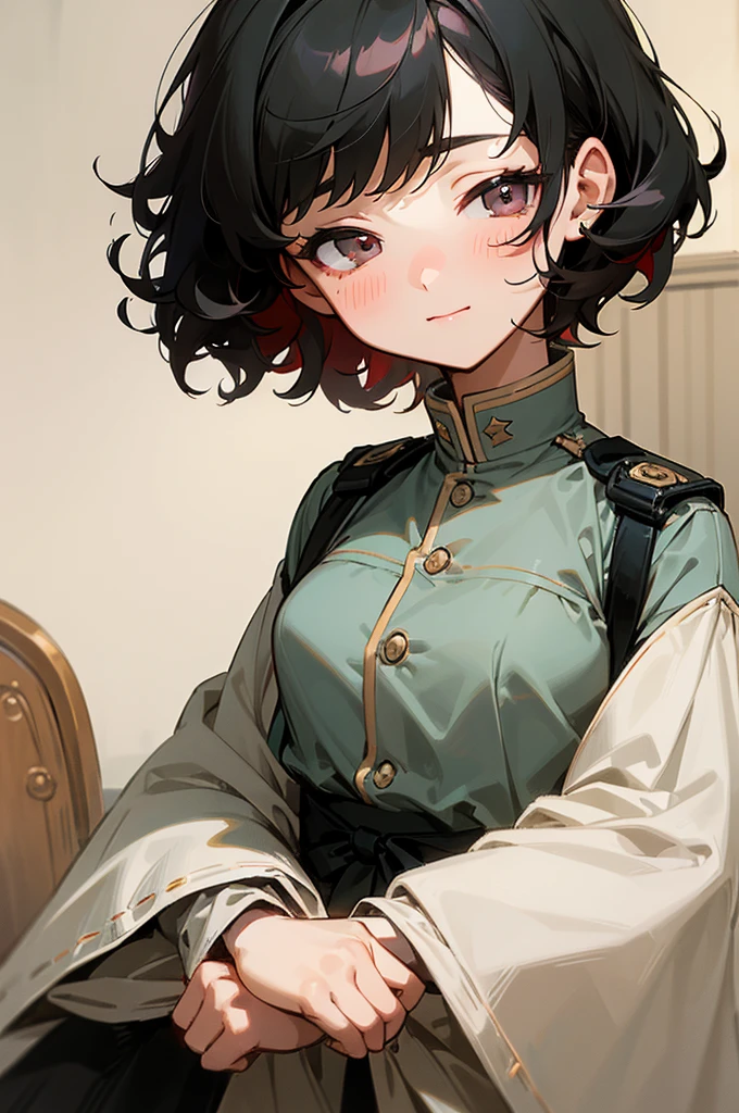a cute girl, gorgeous face, has a sleepy look, expression of laziness, a soft expression and a sleepy aura, she is smiling a little, curly short hair, black hair with red highlights, sleepy gray eyes, wears a military outfit from the Victorian era, small breast, , anime style.