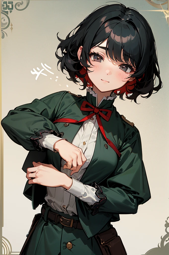 a cute girl, gorgeous face, has a sleepy look, expression of laziness, a soft expression and a sleepy aura, she is smiling a little, curly short hair, black hair with red highlights, sleepy gray eyes, wears a military outfit from the Victorian era, small breast, , anime style.