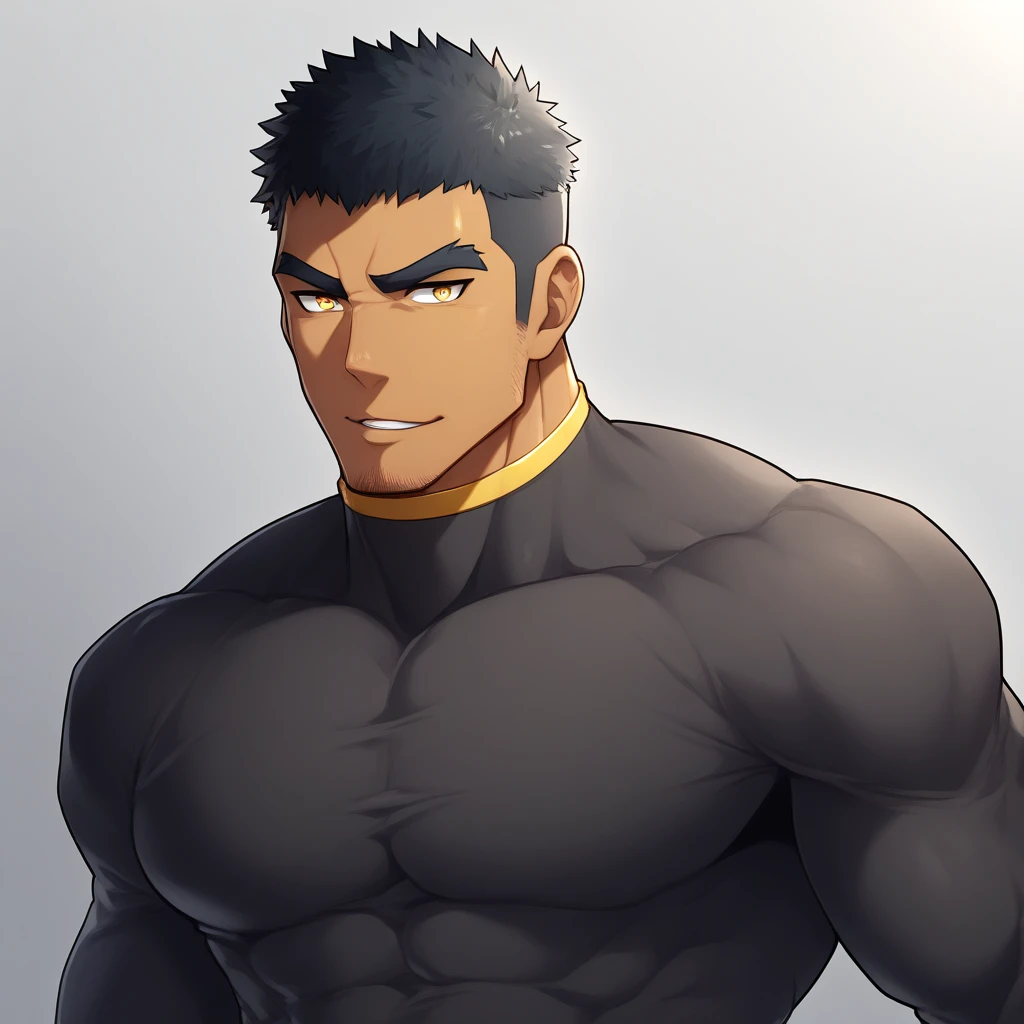 anime characters：Gyee, Muscle Sports Student, negro black skin, 1 dark skin muscular tough guy, Manliness, male focus, Light yellow high collar long sleeve tight T-shirt, Slightly transparent material, Very tight, Round, full and perky chest muscles, Slightly transparent, muscular male, muscular, only, Upper body, alone, Black short hair, Thick eyebrows, stubble, Yellow eyes, Grey background, simple background, amazing quality, best aesthetics, Ridiculous, bright pupils, crew cut, parted lips, seductive smile, torogao, naughty face, drop shadow, best quality