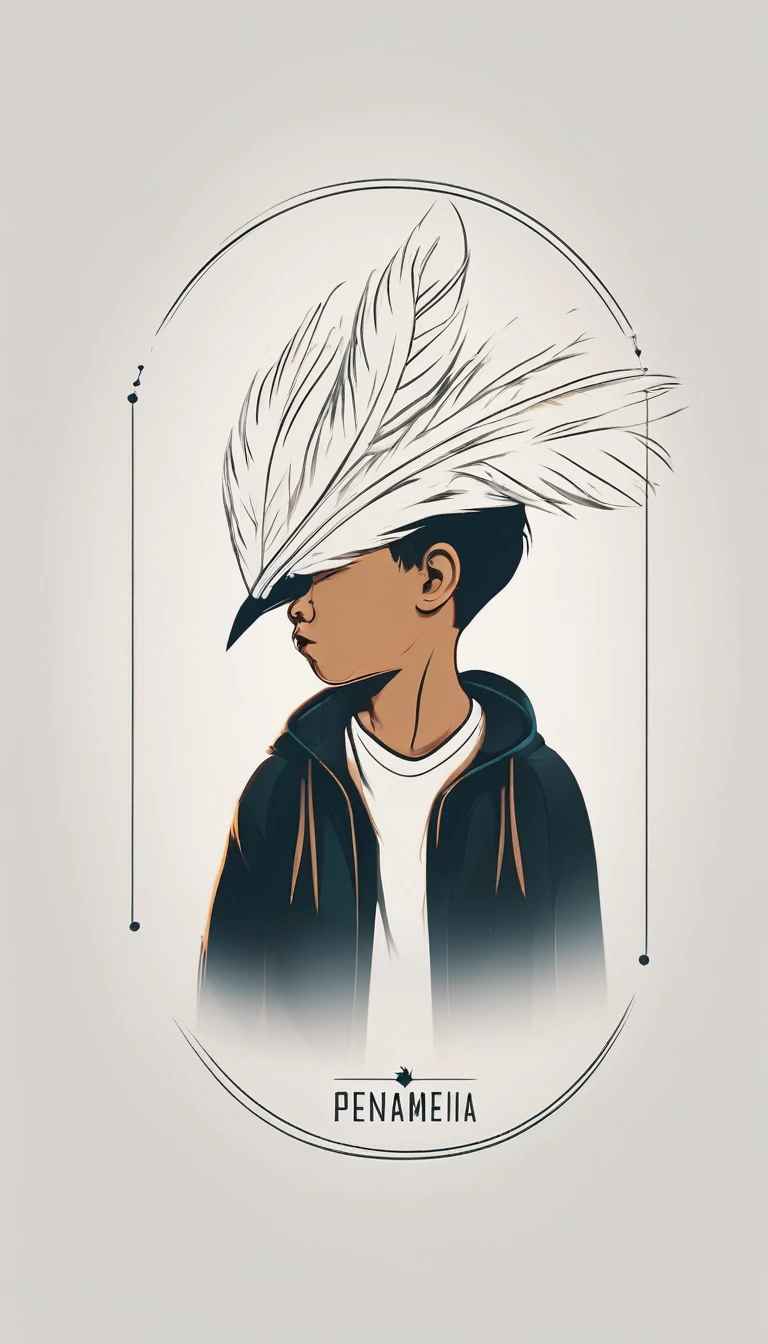 A minimal, modern, simple, cinematic logo design e of a boy with a head full of feathers for the brand “Penamemoria" .