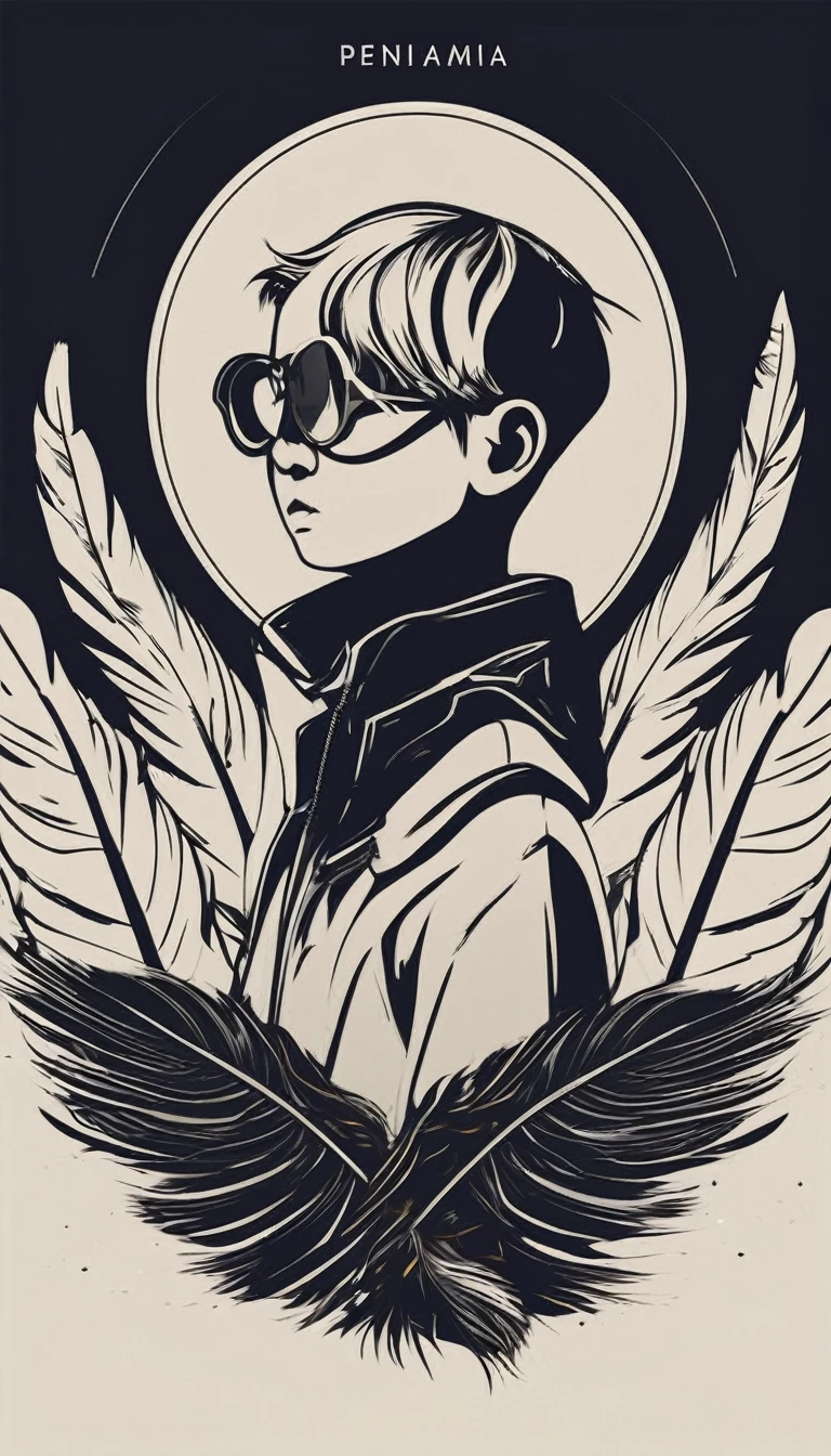 A minimal, modern, simple, cinematic logo design e of a boy with a head full of feathers for the brand “Penamemoria" .