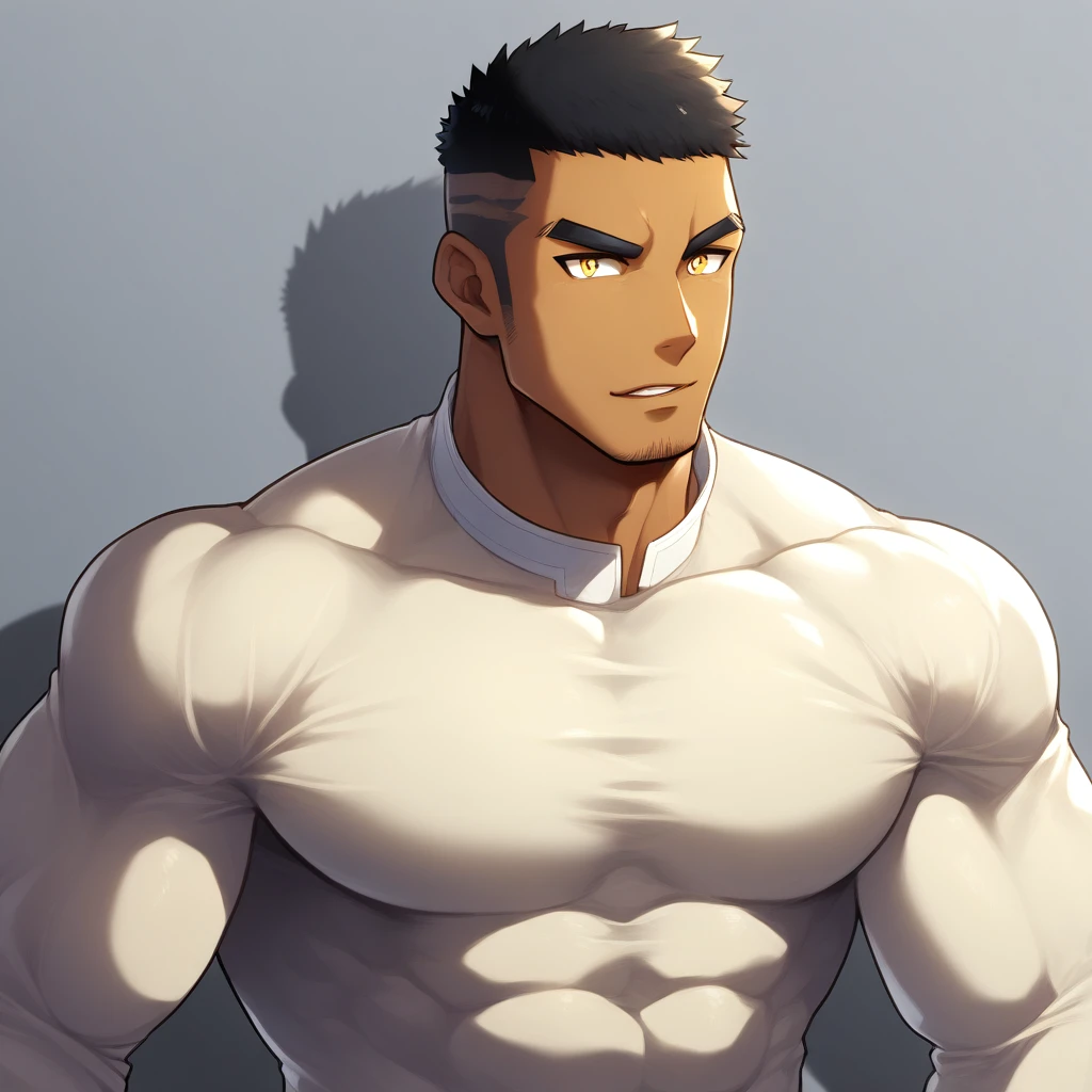 anime characters:Gyee, Muscle Sports Student, negro black skin, 1 dark skin muscular tough guy, Manliness, male focus, Light yellow high collar long sleeve tight T-shirt, Slightly transparent material, Very tight, Round, full and perky chest muscles, Slightly transparent, muscular male, muscular, only, Upper body, alone, Black short hair, Thick eyebrows, stubble, Yellow eyes, Grey background, simple background, amazing quality, best aesthetics, Ridiculous, bright pupils, crew cut, parted lips, seductive smile, torogao, naughty face, drop shadow, best quality