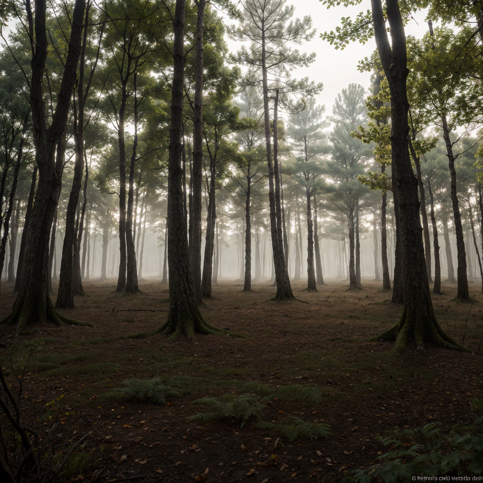 Hyper realistic extremely detailed A dark, misty forest with twisted, leafless trees and faint, glowing eyes peering from the shadows