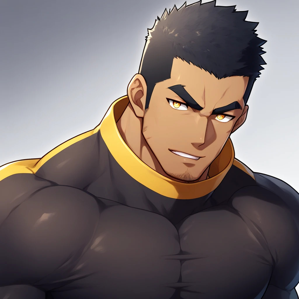 anime characters:Gyee, Muscle Sports Student, negro black skin, 1 dark skin muscular tough guy, Manliness, male focus, Light yellow high collar long sleeve tight T-shirt, Slightly transparent material, Very tight, Round, full and perky chest muscles, Slightly transparent, muscular male, muscular, only, Upper body, alone, Black short hair, Thick eyebrows, stubble, Yellow eyes, Grey background, simple background, amazing quality, best aesthetics, Ridiculous, bright pupils, crew cut, parted lips, seductive smile, torogao, naughty face, drop shadow, best quality