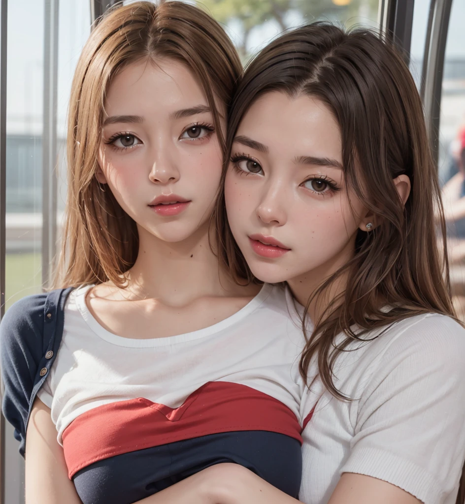 (Full Body Photo), 8k, FHD, ((Ultra Res)) (Real Face: 1.2), (Light and Vivid Colors) (Real Skin Texture), (Masterpiece), (Best Quality), (Natural Skin , soft and pale), red hair that shows one ear). (bright, vibrant, detailed gray eyes). (Expressive eyes with extreme details.  , , natural lighting, masterpiece, highly detailed, illustration, game CG, absurdres, high quality, hug, glossy lips, looking at viewer, cheerleader,  in bus